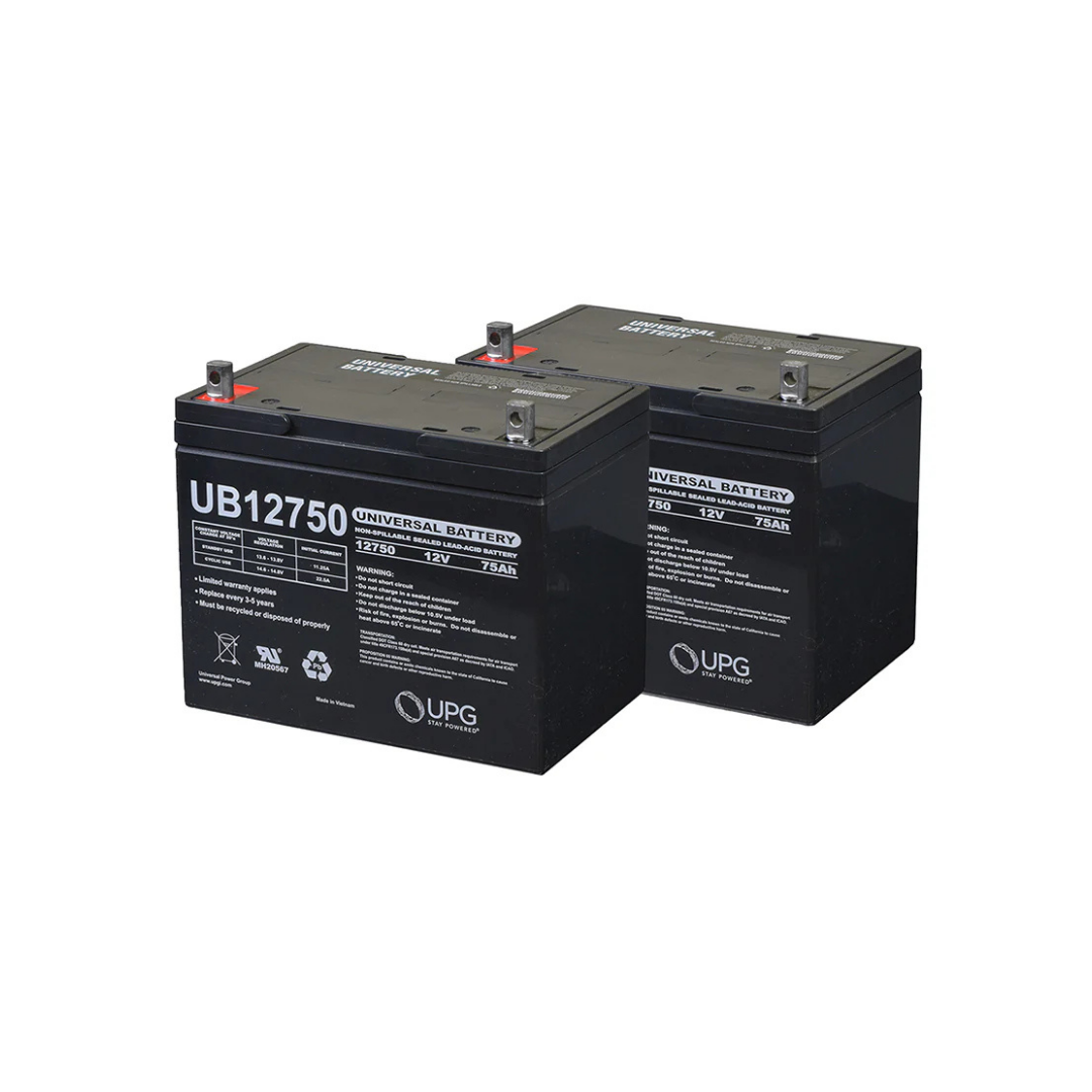 Two black Golden Tech 75 ah Batteries For HD Scooters are shown side by side on a white background, each labeled 12V 75Ah with visible terminals and details—ideal replacements for HD Scooters.